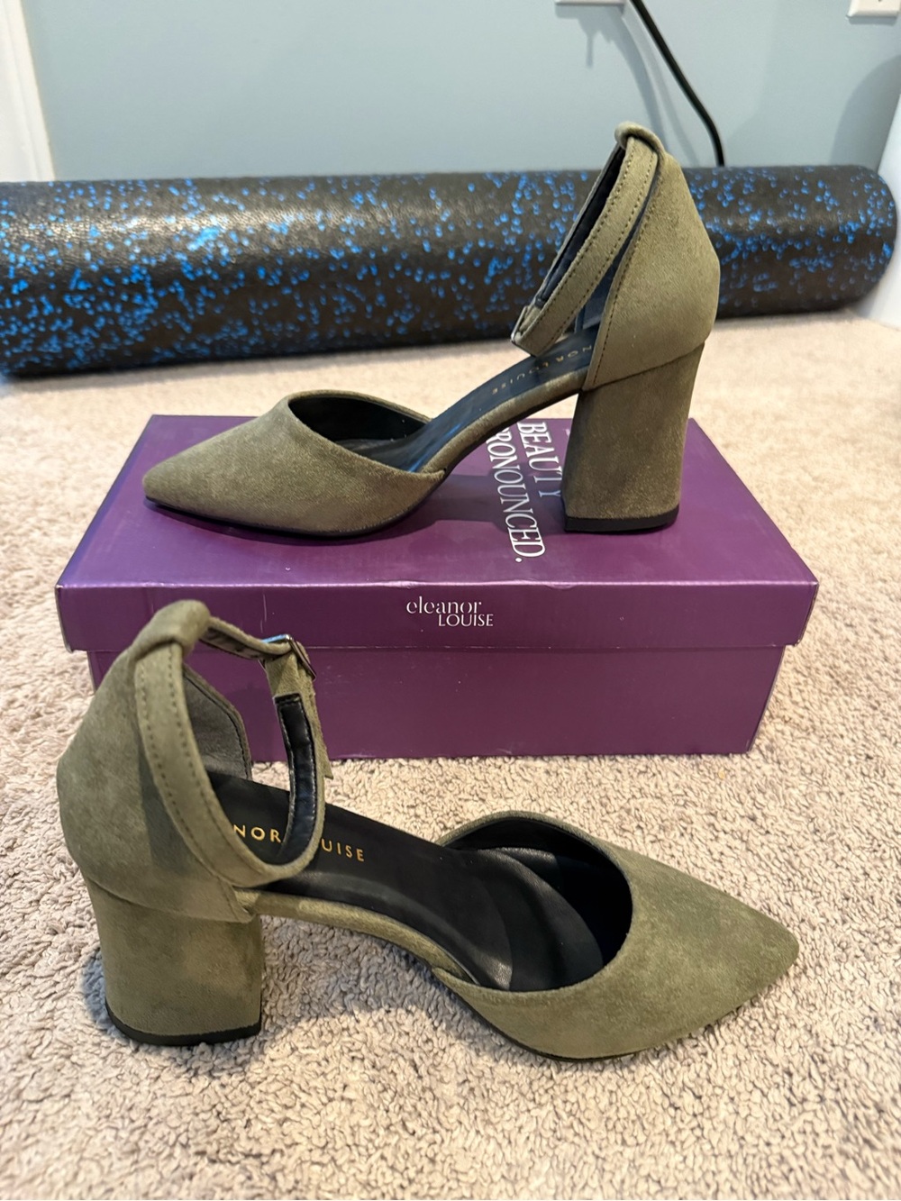 Women’s Olive Green Suede Ankle-Strap Block Heels Eleanor Louise - Picture 6 of 7